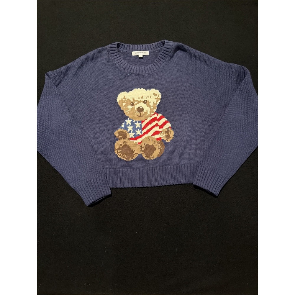 Grayson Threads Navy Blue American Flag Bear Crop Sweater Women's Size Large